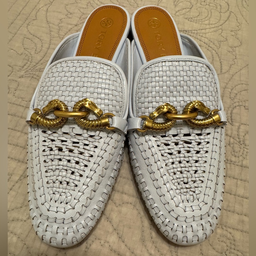 Tory Burch Blue and Gold Woven Leather Flats